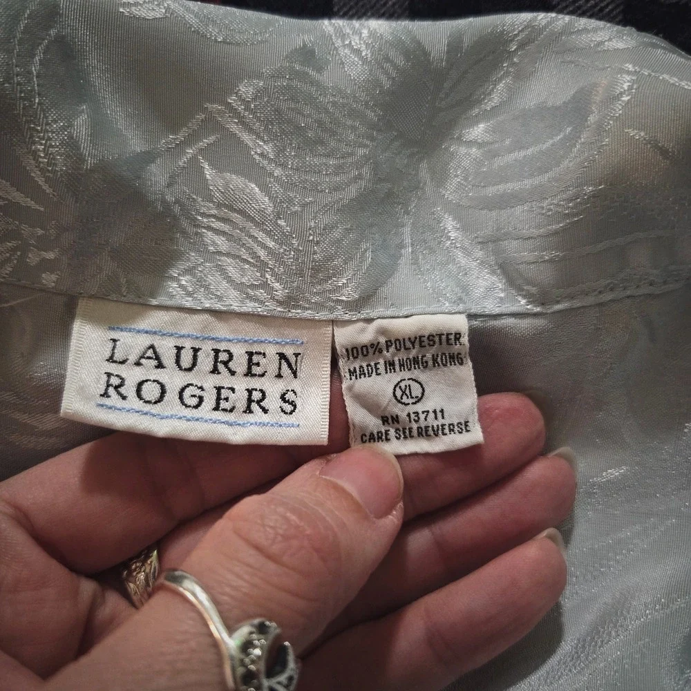 Vintage 90s Lauren Rogers Blue Floral Jacquard Button Down Night Shirt